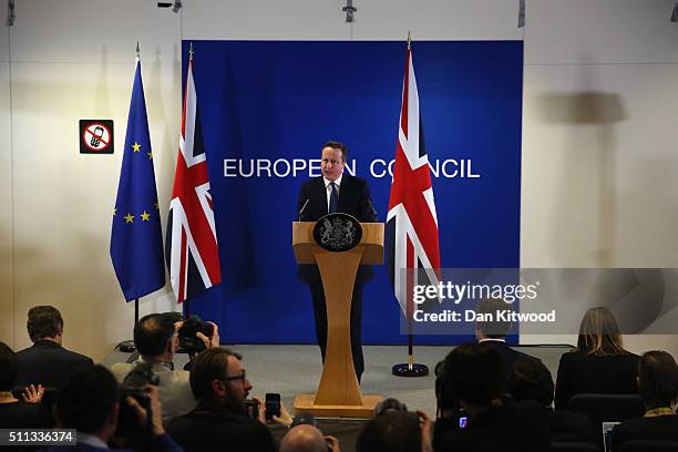 British Prime Minister David Cameron speaks at a news conference after negotiating new EU membership terms for the UK, on February 19, 2016 in...