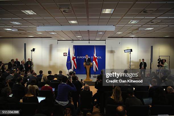 British Prime Minister David Cameron speaks at a news conference after negotiating new EU membership terms for the UK, on February 19, 2016 in...