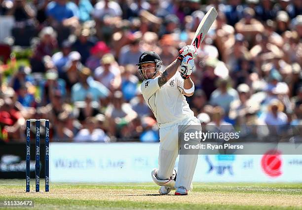 Brendon McCullum of New Zealand bats during day one of the Test match between New Zealand and Australia at Hagley Oval on February 20, 2016 in...