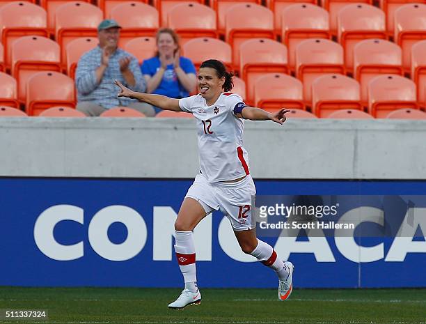 Christine Sinclair of Canada celebrates after scoring a first half goal against Costa Rica during the Semifinal of the 2016 CONCACAF Women's Olympic...
