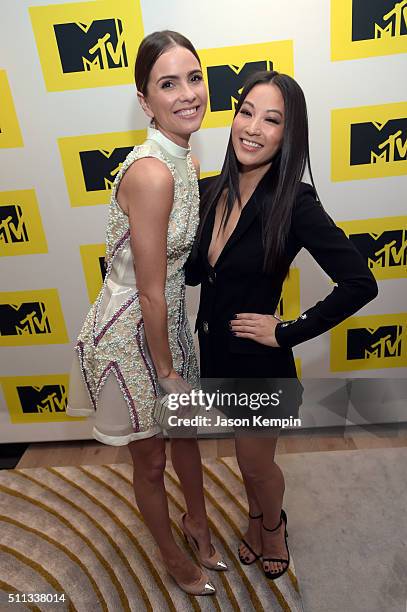 Actresses Shelley Hennig and Arden Cho attend the MTV Press Junket & Cocktail Party at The London West Hollywood on February 18, 2016 in West...