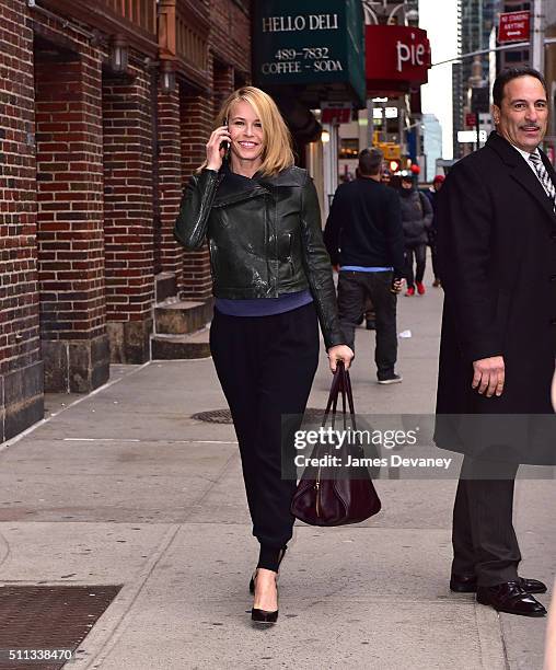 Chelsea Handler arrives to 'The Late Show With Stephen Colbert' at Ed Sullivan Theater on February 19, 2016 in New York City.