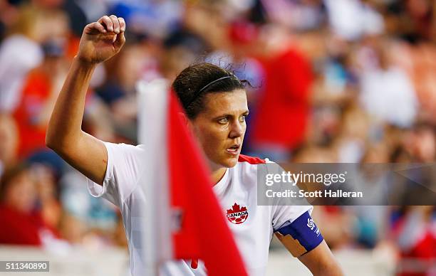 Christine Sinclair of Canada waits to take a corner kick in the second halfl against Costa Rica during the Semifinal of the 2016 CONCACAF Women's...