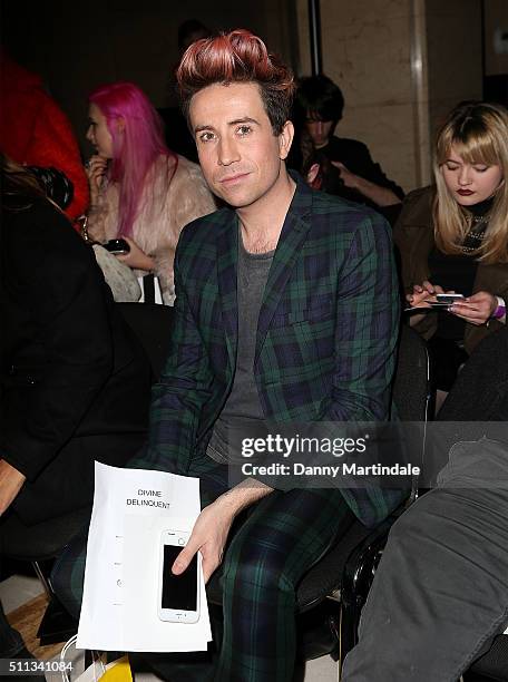 Nick Grimshaw attends the Pam Hogg show during London Fashion Week Autumn/Winter 2016/17 at on February 19, 2016 in London, England.