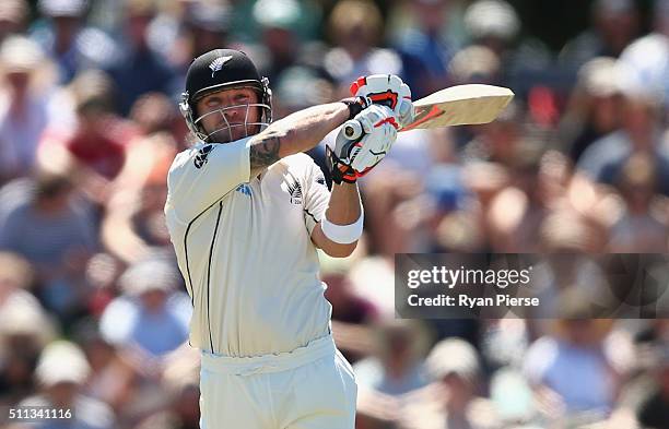 Brendon McCullum of New Zealand bats during day one of the Test match between New Zealand and Australia at Hagley Oval on February 20, 2016 in...