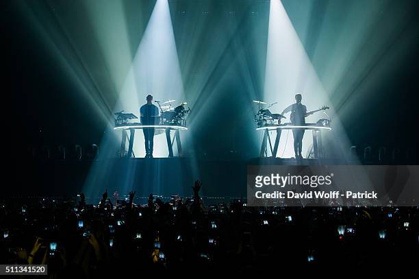 Guy Lawrence and Howard Lawrence from Disclosure perform at Zenith de Paris on February 19, 2016 in Paris, France.