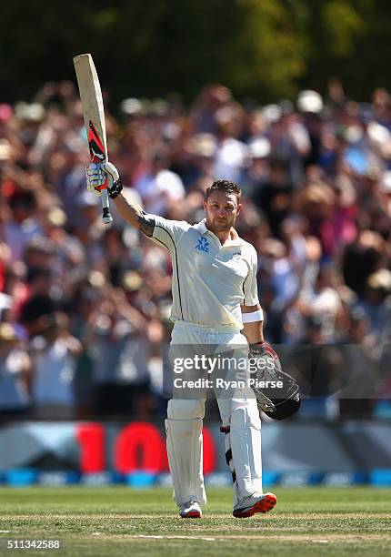 Brendon McCullum of New Zealand celebrates after reaching his century and breaking the world record for the fastest test century during day one of...