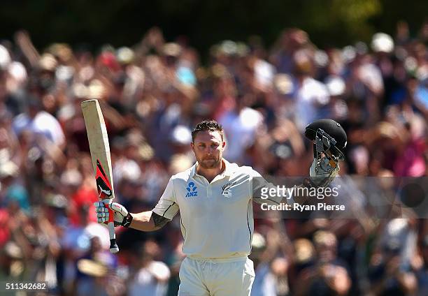 Brendon McCullum of New Zealand celebrates after reaching his century and breaking the world record for the fastest test century during day one of...