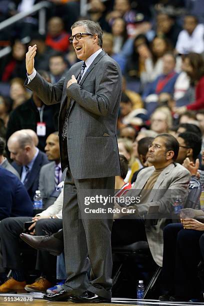 Head coach Randy Wittman of the Washington Wizards reacts to a play in the first half against the Detroit Pistons at Verizon Center on February 19,...