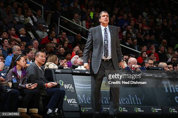Head Coach Randy Wittman of the Washington Wizards looks on during the game against the Detroit Pistons on February 19, 2016 at Verizon Center in...