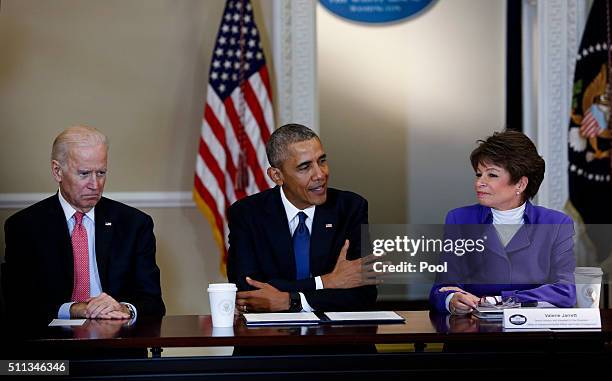 President Barack Obama speaks during a meeting of the Democratic Governors Association while Vice President Joe Biden and Senior Advisor to the...