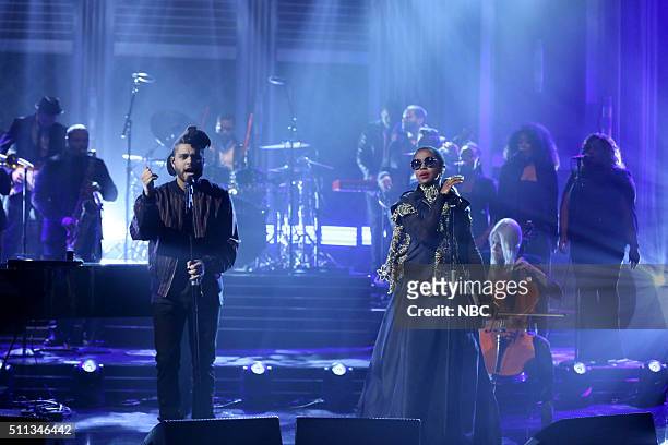 Episode 0421 -- Pictured: Musical guest The Weeknd performs with Ms. Lauryn Hill on February 19, 2016 --