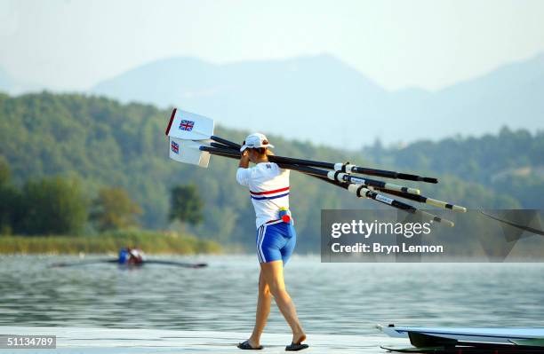 The Great Britain team prepare for the Finals of the FISA Senior and Junior World Rowing Championships on August 1, 2004 in Banyoles, Spain.