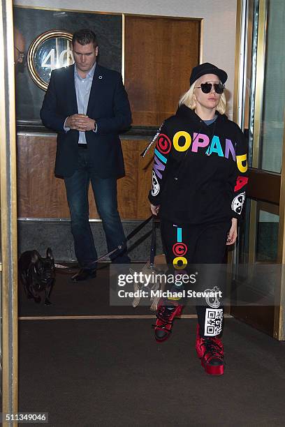 Singer Lady Gaga is seen with her dogs Miss Asia and Koji in Midtown on February 19, 2016 in New York City.