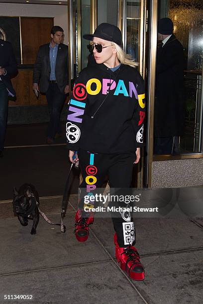 Singer Lady Gaga is seen with her dogs Miss Asia and Koji in Midtown on February 19, 2016 in New York City.