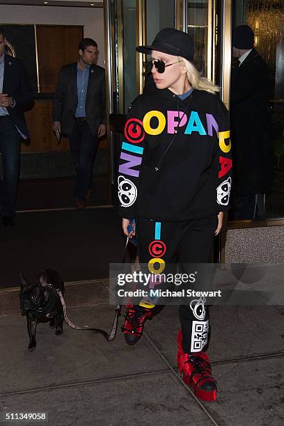 Singer Lady Gaga is seen with her dogs Miss Asia and Koji in Midtown on February 19, 2016 in New York City.