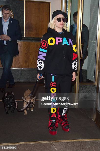 Singer Lady Gaga is seen with her dogs Miss Asia and Koji in Midtown on February 19, 2016 in New York City.