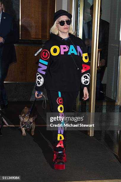 Singer Lady Gaga is seen with her dogs Miss Asia and Koji in Midtown on February 19, 2016 in New York City.