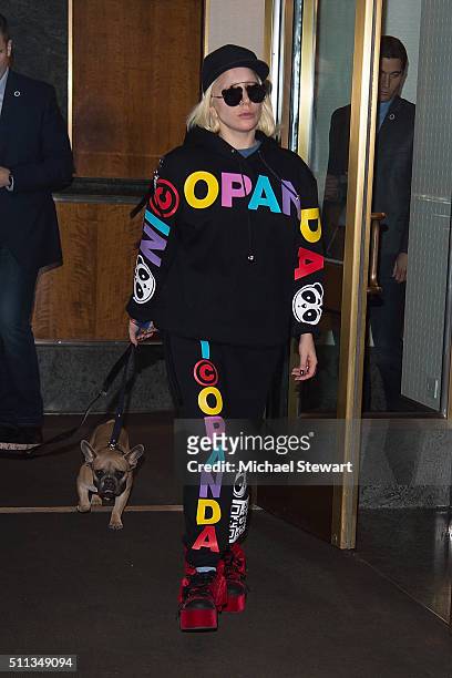 Singer Lady Gaga is seen with her dogs Miss Asia and Koji in Midtown on February 19, 2016 in New York City.