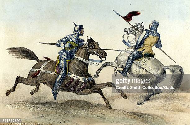 Color lithograph depicting two Spanish soldiers as they would have appeared in 1496, these soldiers served as castle guards, they are both shown...