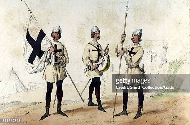Color lithograph depicting three soldiers of the Holy Brotherhood circa 1490, constabulary created in the late 15th century by the Catholic Monarchs...