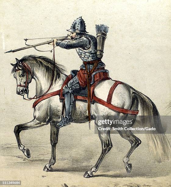 Color lithograph depicting a Spanish Army Ballestero , from 1400, on horseback, from the book Album de la Caballería Española, by General Conde de...