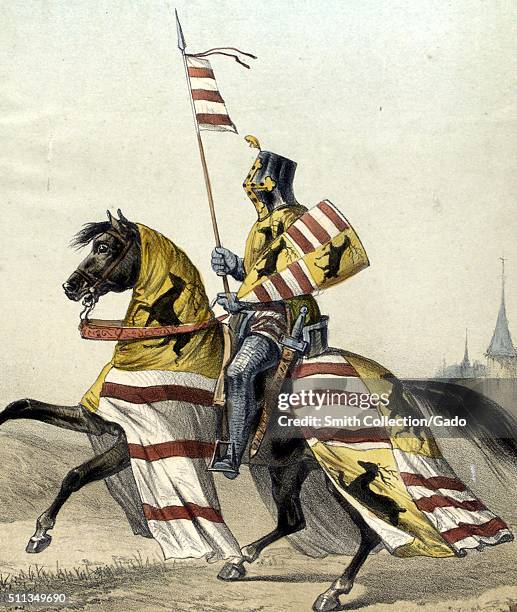 Color lithograph depicting a Spanish Army Barón, with suit of armor, including face shield, holding a flag, from 1400, on horseback, from the book...