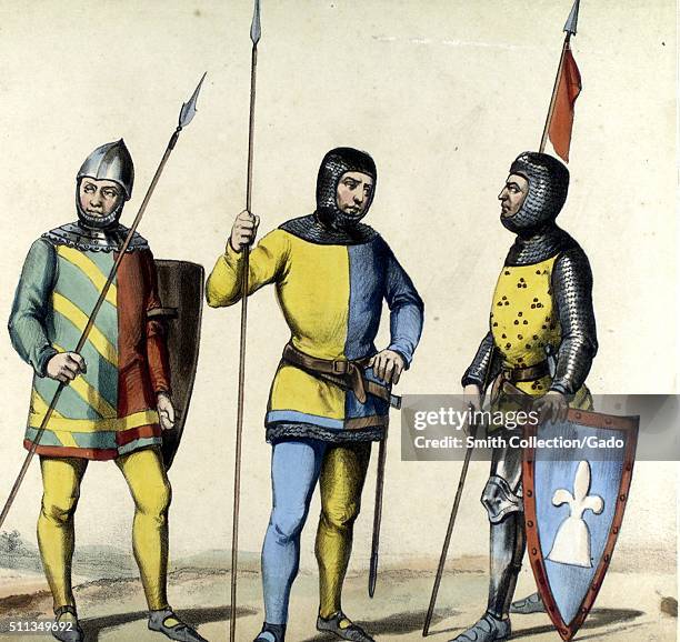 Color lithograph depicting average XIV century Spanish Lanceros , from the book Album de la Infantería Española, by General Conde de Clonard, 1861....