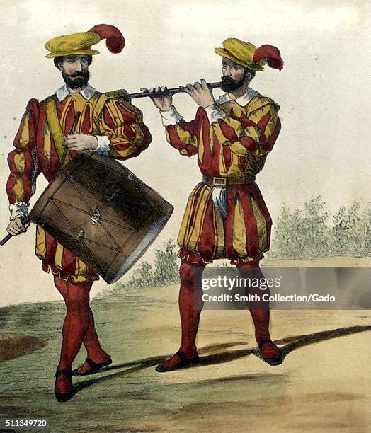 Color lithograph depicting a drummer and a flautist, they are wearing their Spanish military uniforms that are yellow and red, they wear yellow hats...