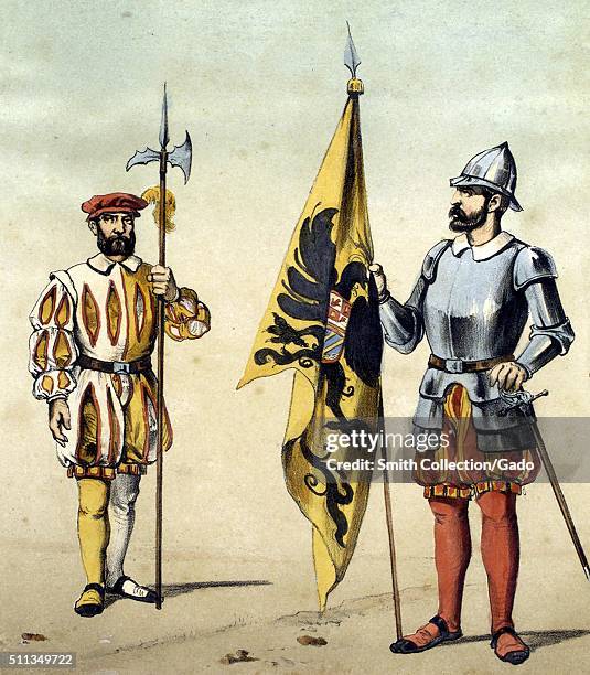 Color lithograph that depicts two men in uniform, the man on the left is a Guardia Alemana was a soldier tasked with protecting the Spanish King...