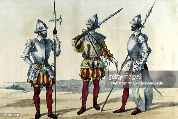 Color lithograph that depicts three different classes of 16th century Spanish soldiers, the man on the left is a Sergeant who wears armor on his...
