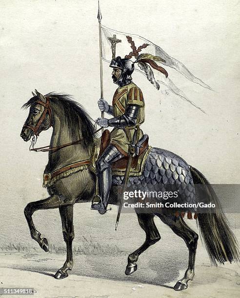 Color lithograph of a Spanish soldier in military uniform, this soldier wears full body armor covered in a cloth tunic; he is riding a horse that is...
