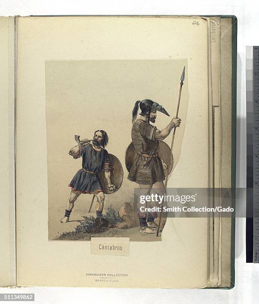 Color lithograph depicting two Cantabrian soldiers, one blowing a horn and holding a shield, the other holding a shield and lance, autonomous...