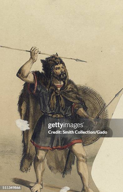 Color lithograph depicting an Astur soldier, wearing an animal pelt, and holding lances and a shield, primitive community settled in León and...