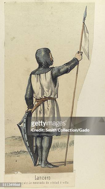 Color lithograph depicting a XII century Lancer, circa 1160, in armor, holding a shield and flag, from the book Album de la Infantería Española, by...