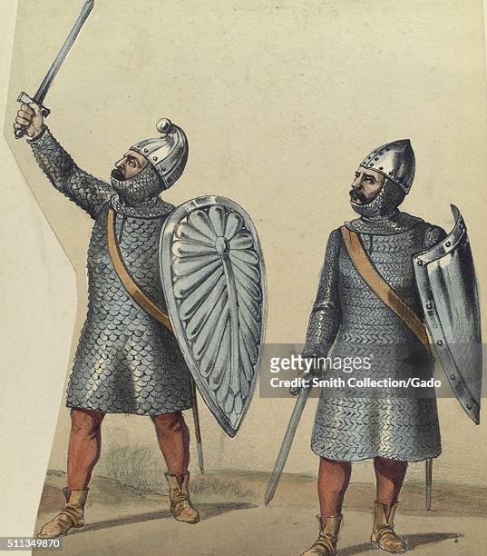 Color lithograph depicting two XII century Spanish Cetratos, circa 1147, both in armor with shields and swords, from the book Album de la Infantería...
