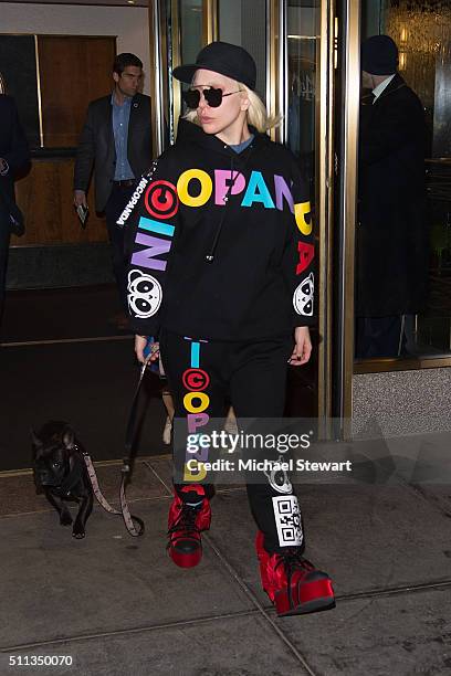 Singer Lady Gaga is seen with her dogs Miss Asia and Koji in Midtown on February 19, 2016 in New York City.