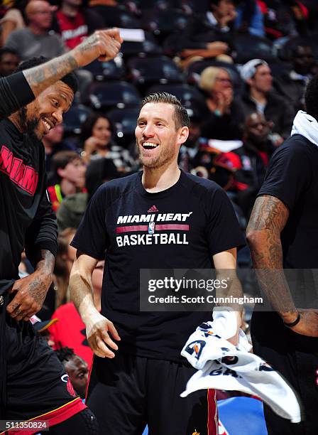 Beno Udrih of the Miami Heat celebrates during the game against the Atlanta Hawks on February 19, 2016 at Philips Arena in Atlanta, Georgia. NOTE TO...