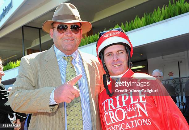 Trainer Peter Moody poses with Luke Nolen before Race 4, the CS Hayes Stakes during Black Caviar Lightning Stakes Day at Flemington Racecourse on...