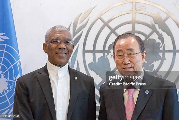 Guyanese President David Granger poses for a photo with Secretary-General Ban Ki-moon. Amid escalating tensions between the Republic of Guyana and...