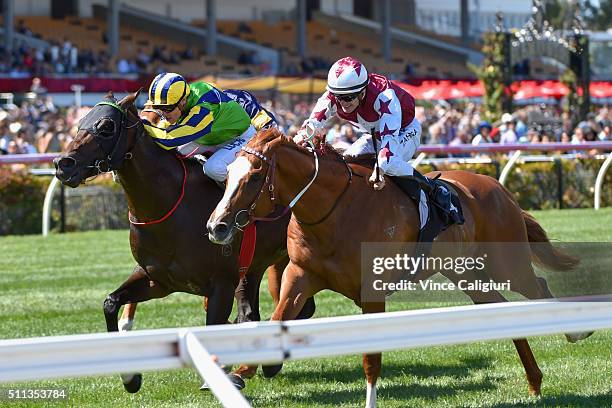 Mark Zahra riding Palentino defeats Craig Williams riding Tivaci but loses race on protest in Race 4, the CS Hayes Stakes during Black Caviar...