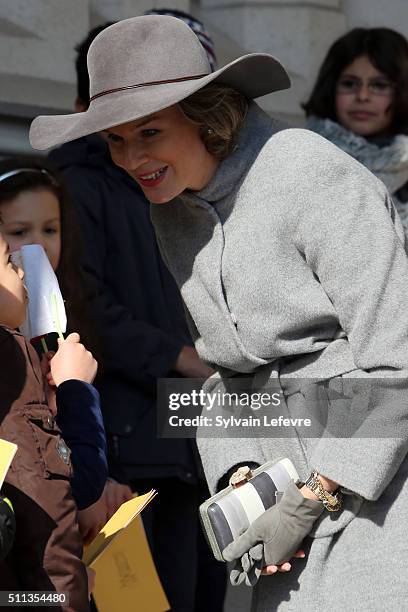 Queen Mathilde of Belgium, clutch bag detail, attends a mass at Notre Dame Church in Laeken on February 17, 2016 in Laeken, Belgium.