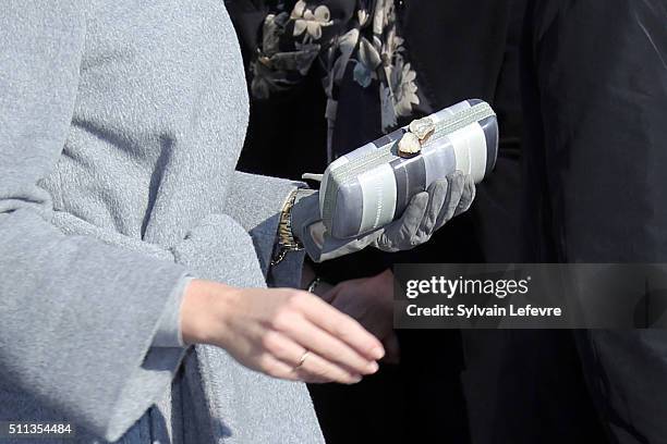 Queen Mathilde of Belgium, clutch bag detail, attends a mass at Notre Dame Church in Laeken on February 17, 2016 in Laeken, Belgium.