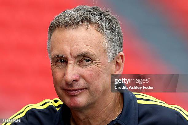 Ernie Merrick coach of the Phoenix watches on during the round 20 A-League match between the Newcastle Jets and Wellington Phoenix at Hunter Stadium...