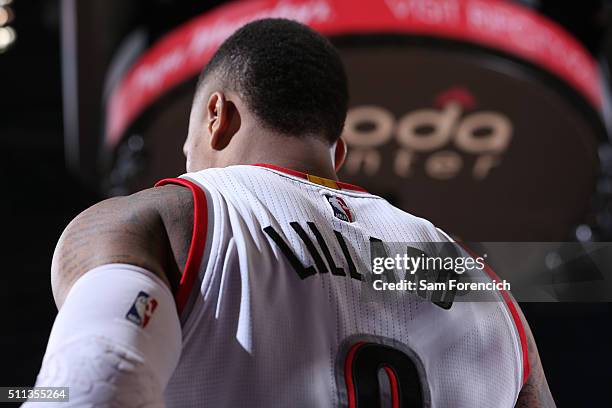 Damian Lillard of the Portland Trail Blazers is seen during the game against the Golden State Warriors on February 19, 2016 at the Moda Center in...