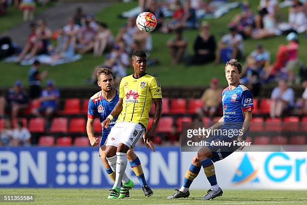 Rolieny Bonevacia of the Phoenix contests the ball against Morten Nordstrand of the Jets during the round 20 A-League match between the Newcastle...