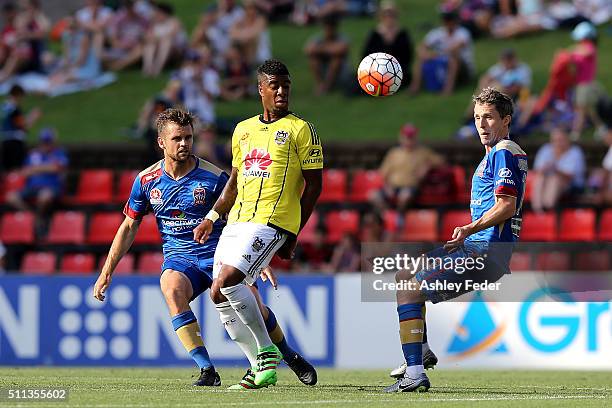 Rolieny Bonevacia of the Phoenix contests the ball against Morten Nordstrand of the Jets during the round 20 A-League match between the Newcastle...