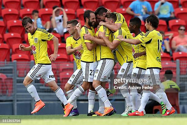 Welling Phoenix team mates celebrate a goal during the round 20 A-League match between the Newcastle Jets and Wellington Phoenix at Hunter Stadium on...