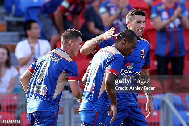 Jets players celebrate a goal during the round 20 A-League match between the Newcastle Jets and Wellington Phoenix at Hunter Stadium on February 20,...