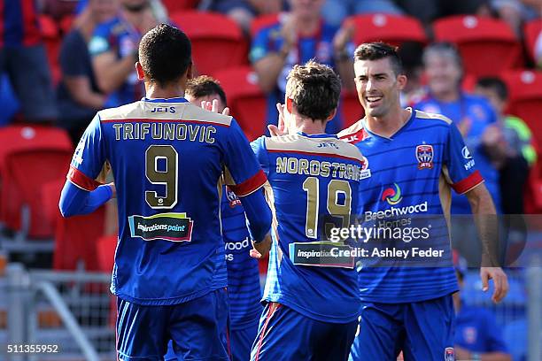 Jets players celebrate a goal during the round 20 A-League match between the Newcastle Jets and Wellington Phoenix at Hunter Stadium on February 20,...